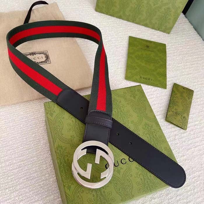 Gucci Unisex GG Web Belt Interlocking G Buckle Green Red Web Black Leather 3.8 CM Width
