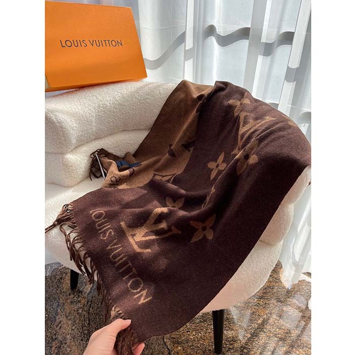 Louis Vuitton LV Unisex Reykjavik Scarf Dark Brown Cashmere Jacquard Weave Oversized Monogram