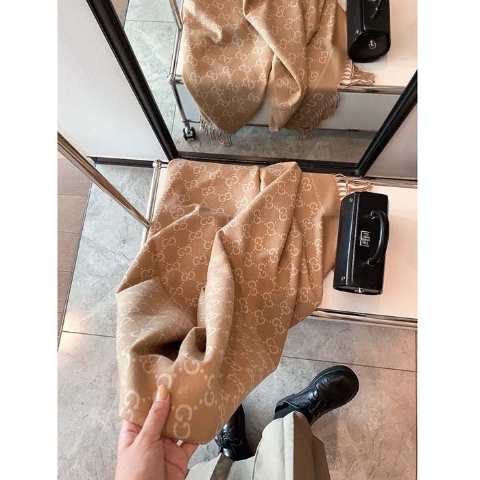 Gucci Unisex GG Wool Scarf Ivory Mini GG Black Tassel Detail