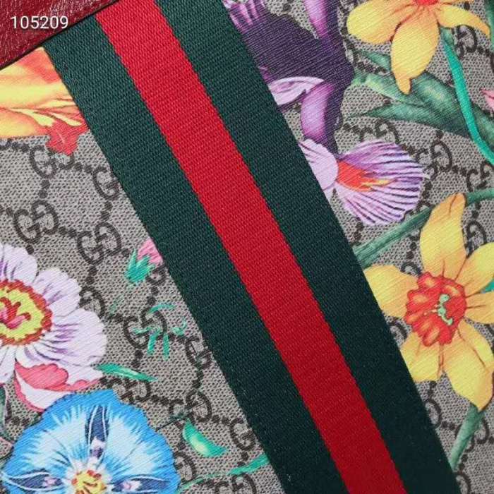 Gucci GG Women Ophidia GG Flora Medium Tote in Beige/Ebony GG Supreme Canvas