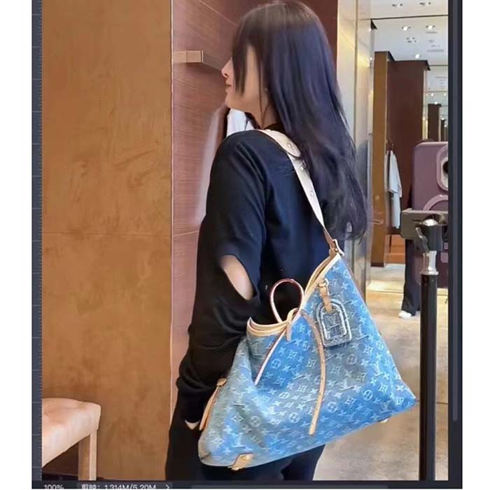 Louis Vuitton LV Women CarryAll MM Denim Blue GOTS Certified Cotton Monogram Denim Canvas