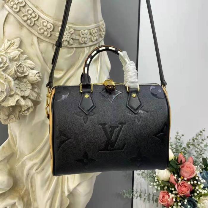 Louis Vuitton LV Women Speedy Bandoulière 25 Handbag Black Embossed Supple Grained Cowhide