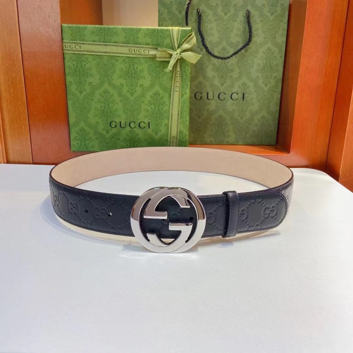 Gucci GG Unisex Signature Leather Belt Black Interlocking G Buckle 3.8 CM Width
