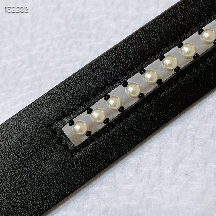 Dior CD Women 30 Montaigne Belt Aesthetic Black Smooth Calfskin White Glass Pearls 25 MM Width