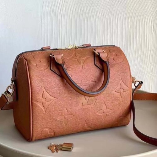 Louis Vuitton Women Speedy Bandoulière 25 Handbag Cognac Brown Embossed Grained Cowhide Leather