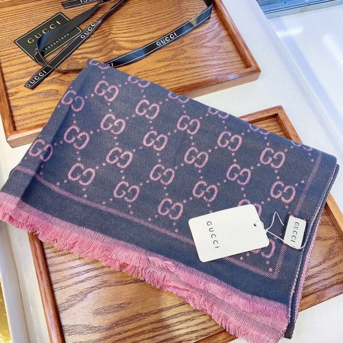 Gucci Women GG Wool Scarf Graphite Pink GG Fringe Edges
