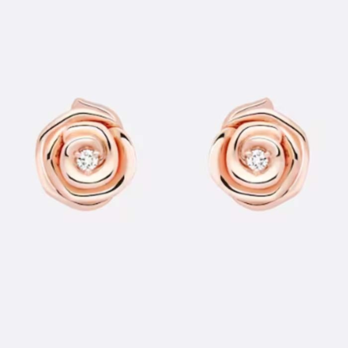 Dior Women CD Large Rose Dior Couture Earrings Pink Gold Diamonds 0.14 ct