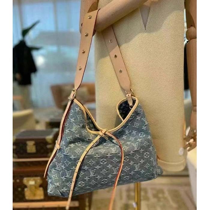 Louis Vuitton LV Women CarryAll MM Denim Blue GOTS Certified Cotton Monogram Denim Canvas