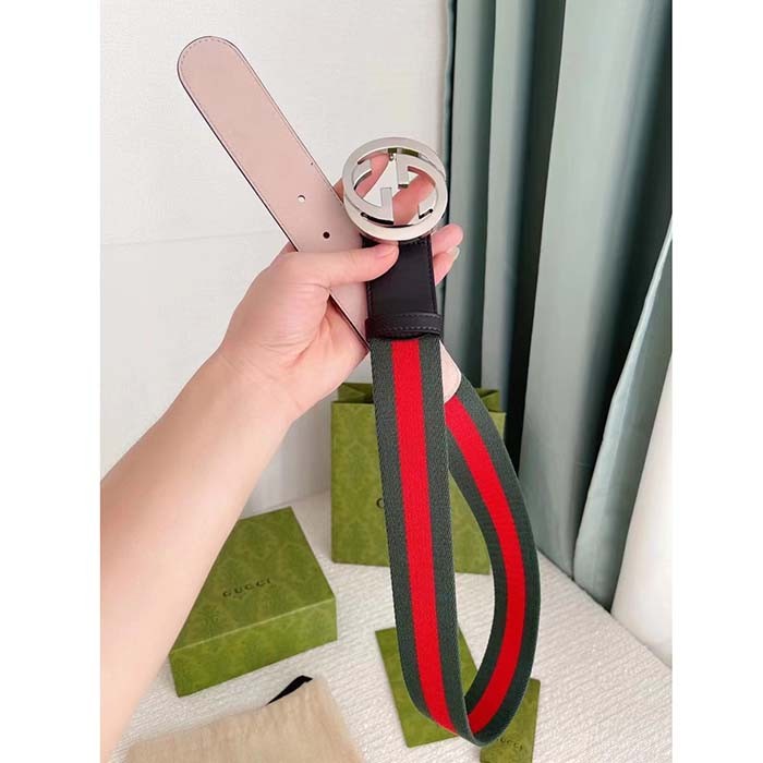 Gucci Unisex GG Web Belt Interlocking G Buckle Green Red Web Black Leather 3.8 CM Width