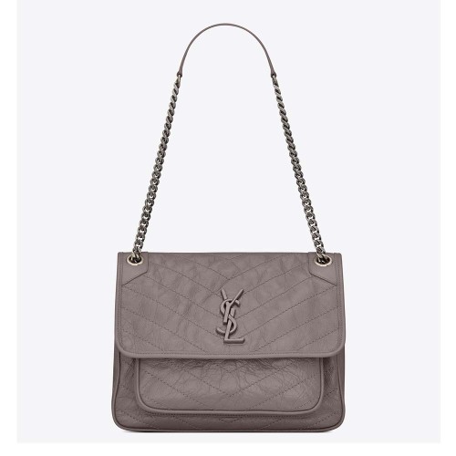 Saint Laurent YSL Women Medium Niki Chain Crinkled Quilted Fog