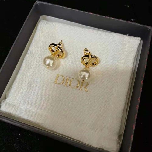 Dior Women Petit CD Earrings Gold-Finish Metal and White Resin Pearls