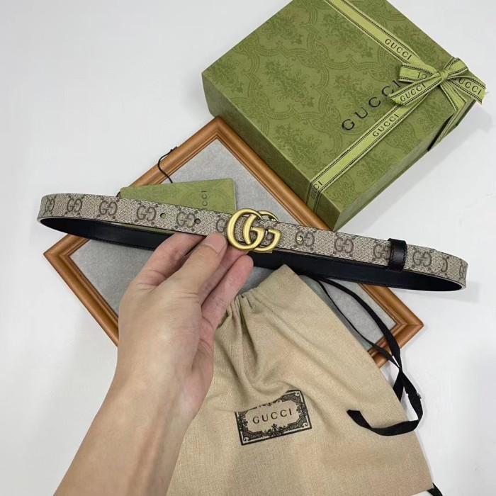 Gucci Unisex Marmont Reversible Thin Belt Black Beige Ebony GG Supreme Canvas