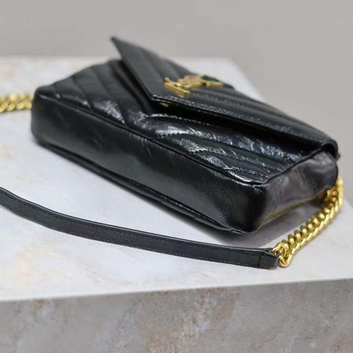 Saint Laurent YSL Women College Mini Chain Bag Black Shiny Crackled Leather