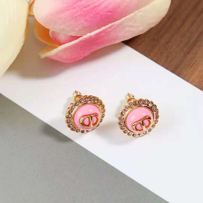 Dior Women Petit CD Stud Earrings Gold-Finish Metal Pink Crystals and Light Pink Glass