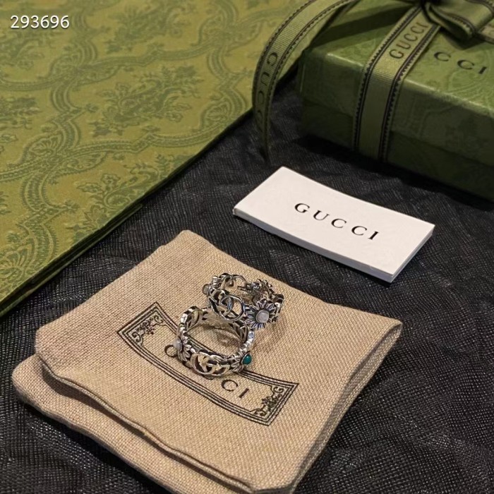 Gucci Unisex Double G Mother Of Pearl Ring Flowers Resin Blue Topaz Stones 925 Sterling Silver