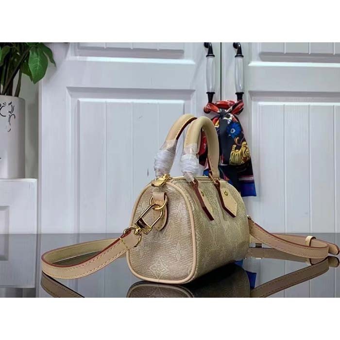 Louis Vuitton LV Women Nano Speedy Beige Monoglam Coated Canvas Zip Closure