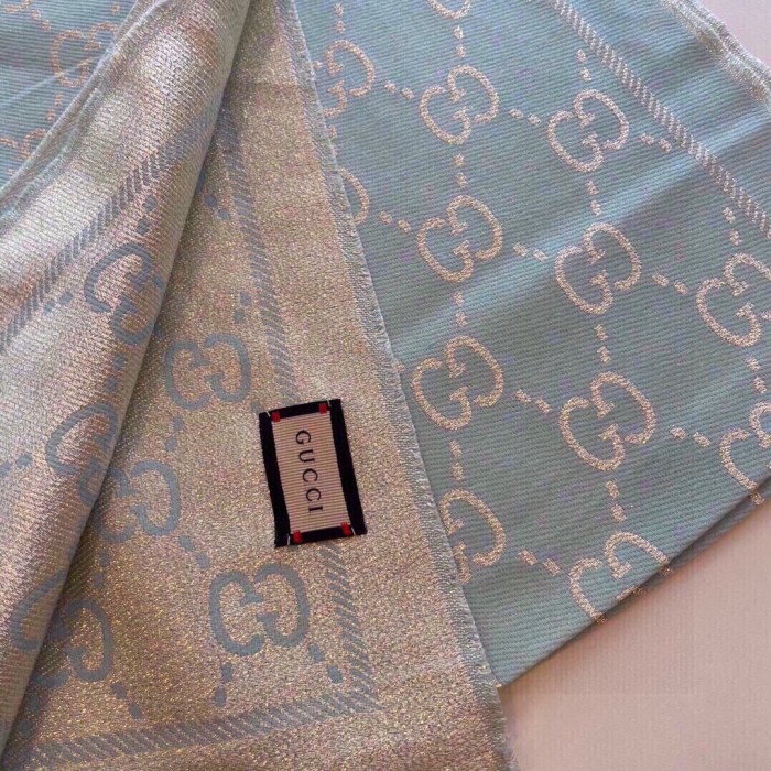 Gucci Unisex GG Wool Scarf Beige Mini GG Wool Turquoise Tassel Detail