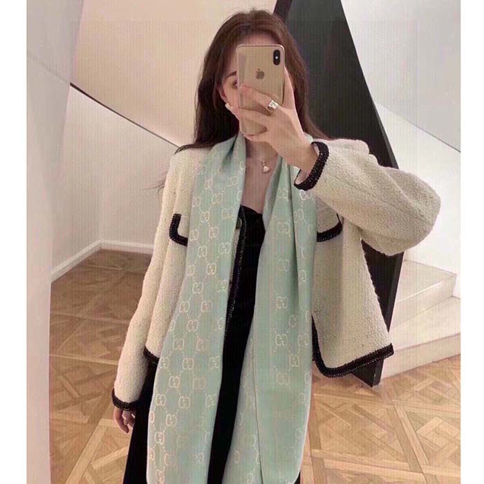 Gucci Unisex GG Wool Scarf Beige Mini GG Wool Turquoise Tassel Detail