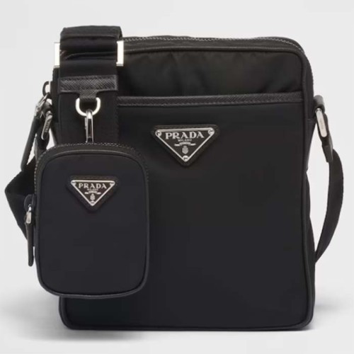 Prada Unisex Re-Nylon Saffiano Shoulder Bag Black Zipper Closure Fabric Leather