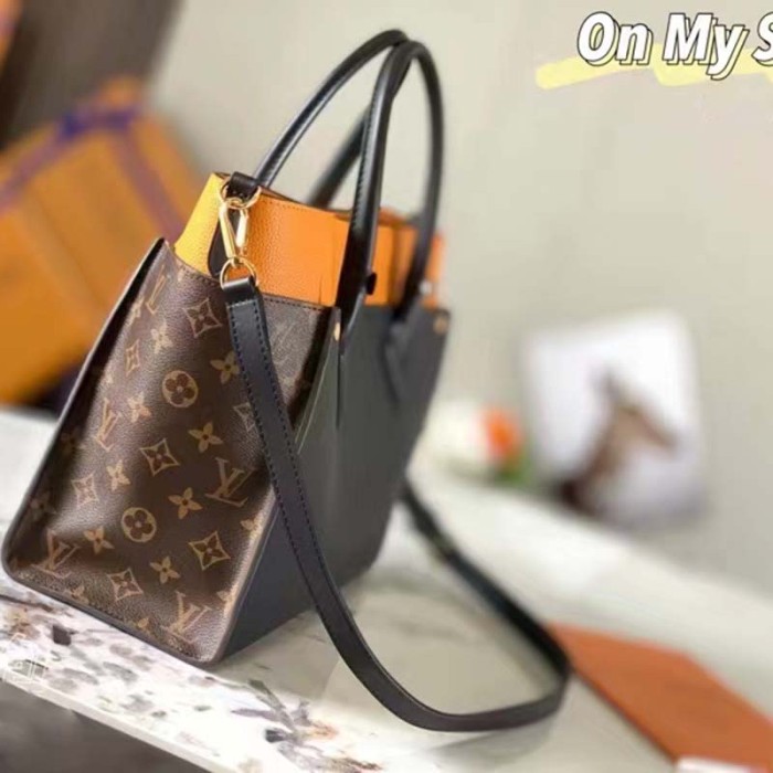 Louis Vuitton LV Women On My Side MM Tote Bag Black Twist Calfskin Monogram Coated Canvas