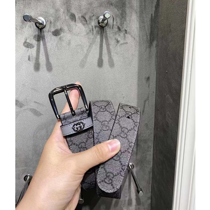 Gucci GG Unisex Belt Interlockig G Grey Black GG Supreme Canvas Leather Square Buckle