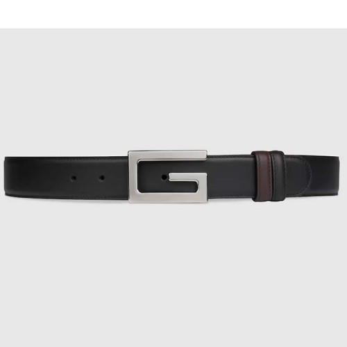 Gucci Unisex GG Reversible Belt Square G Buckle Black Leather Reverses Brown Leather