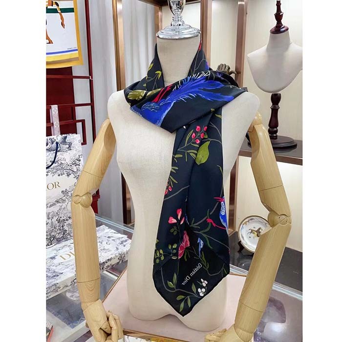 Dior Women CD Dior Birds 90 Square Scarf Black Multicolor Silk Twill