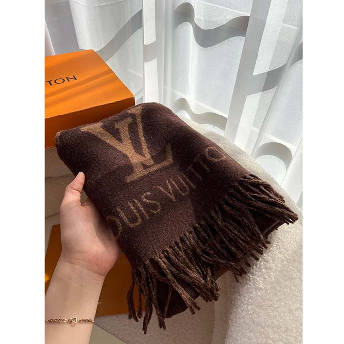 Louis Vuitton LV Unisex Reykjavik Scarf Dark Brown Cashmere Jacquard Weave Oversized Monogram