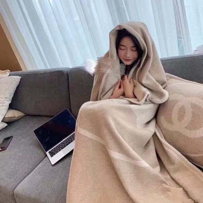 Chanel Unisex CC Cotton Wool Tweed Beige Sandy Multifunction Blanket Scarf