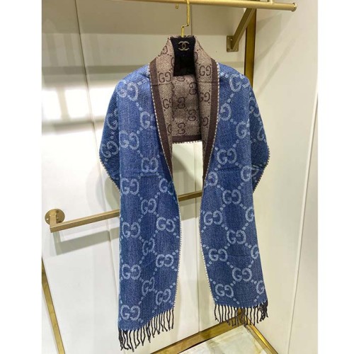 Gucci Unisex Original GG Jacquard Knit Scarf Tassels Navy Light Brown Organic Wool