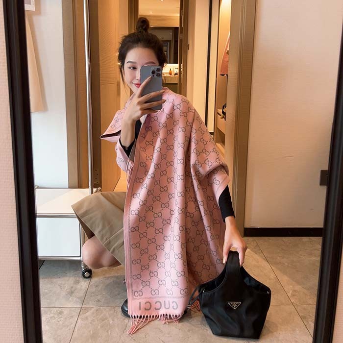 Gucci Unisex GG Wool Scarf Beige Mini GG Lilac Tassel Detail