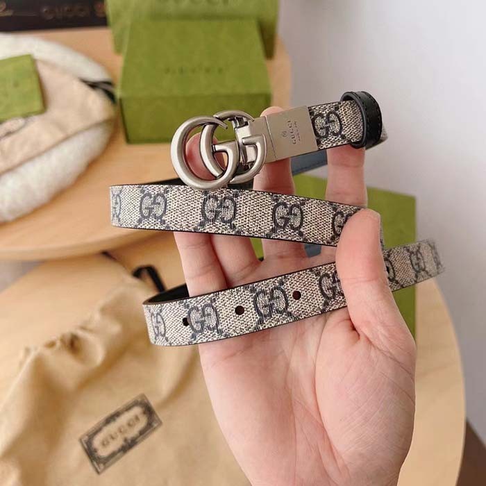 Gucci Unisex GG Marmont Reversible Thin Belt Beige Ebony GG Supreme Canvas Double G Buckle