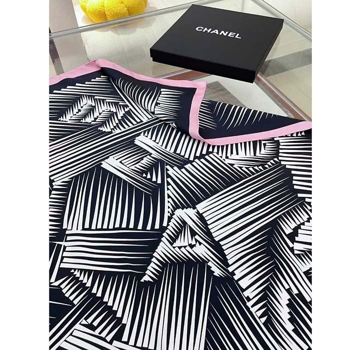 Chanel CC Women Square Scarf Silk Twill Black Light Pink