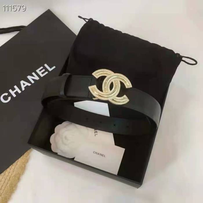 Chanel Women Calfskin Gold-Tone Metal & Strass Belt-Black