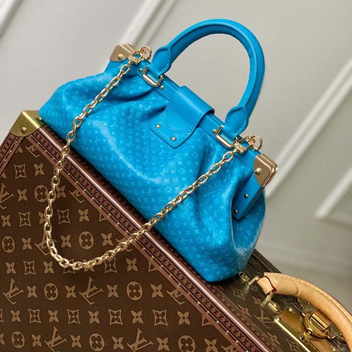 Louis Vuitton LV Women Monogram Clutch Blue Calfskin Leather S-Lock