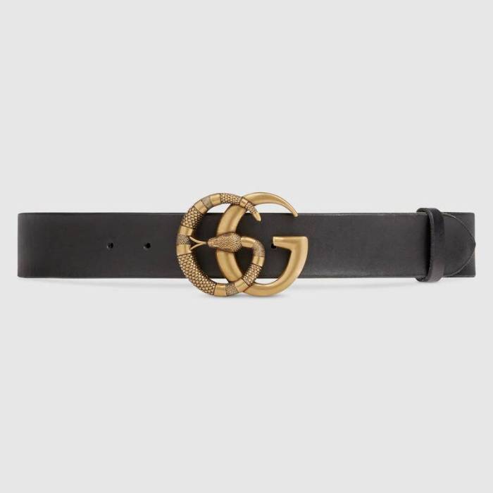 Gucci Unisex Leather Belt with Double G Buckle with Snake 4 cm Width Black