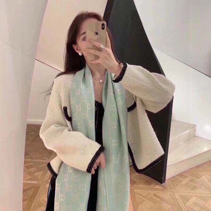 Gucci Unisex GG Wool Scarf Beige Mini GG Wool Turquoise Tassel Detail