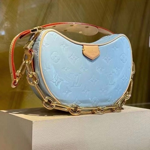 Louis Vuitton LV Women Croissant PM Sky Blue Monogram Vernis Embossed Cowhide Leather M24021