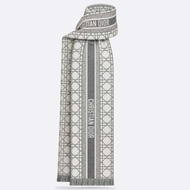 Dior Unisex CD Cannage Scarf Gray Ecru Cashmere Virgin Wool