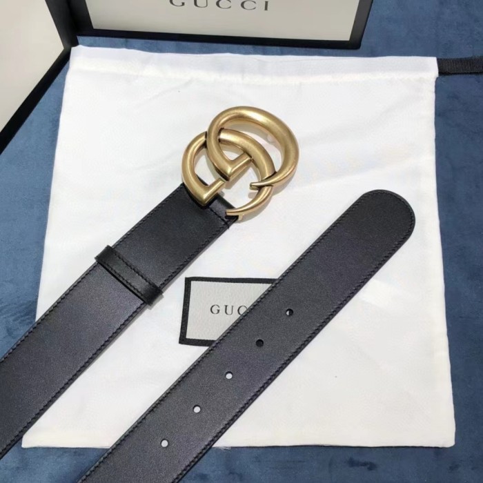 Gucci Unisex GG 2015 Re-Edition Wide Leather Belt Black Smooth Leather 3.8 CM Belt Width