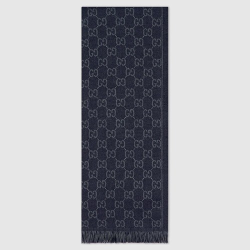 Gucci Men GG Jacquard Pattern Knit Scarf with Fringe