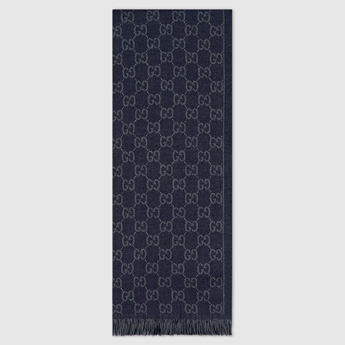 Gucci Men GG Jacquard Pattern Knit Scarf with Fringe