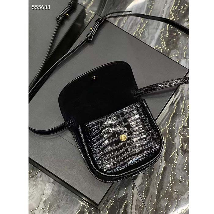 Saint Laurent YSL Women Kaia Small Satchel Shiny Crocodile-Embossed Leather