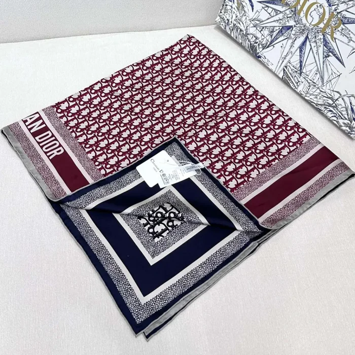 Dior Unisex Dior Oblique Diortwin 90 Square Scarf Burgundy and Navy Blue Silk Twill
