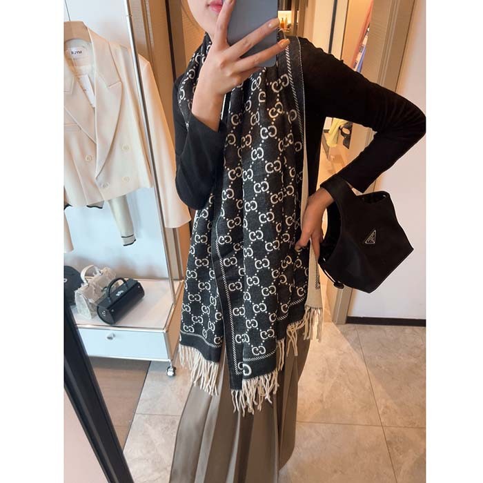 Gucci Unisex GG Wool Scarf Ivory Mini GG Black Tassel Detail