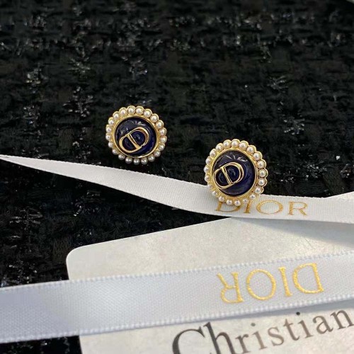 Dior Women Petit CD Studs Earrings Gold-Finish Metal and White Resin Pearls with Black Glass