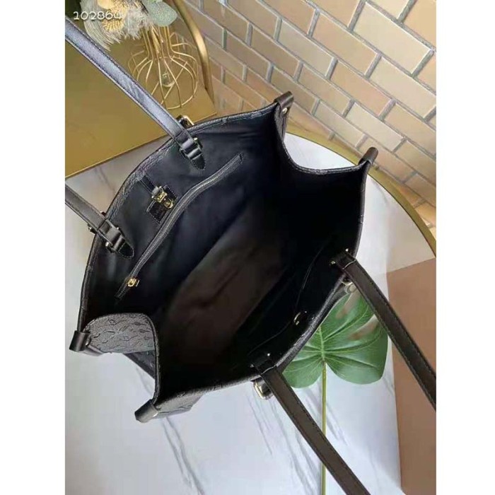 Louis Vuitton Women Onthego MM Tote Bag Black Embossed Grained Cowhide