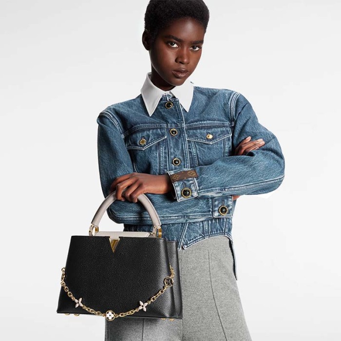 Louis Vuitton LV Women Capucines MM Handbag Black Gray Taurillon Leather