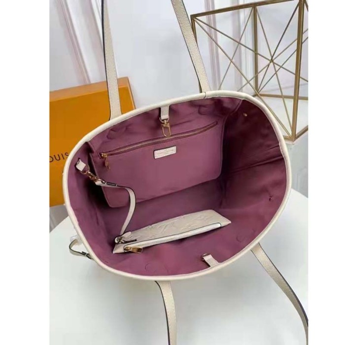 Louis Vuitton LV Women Neverfull MM Tote Beige Embossed Cowhide Leather