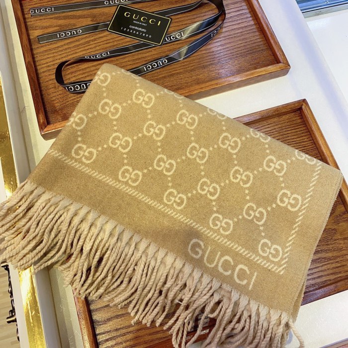 Gucci Unisex GG Jacquard Knitted Scarf Light Brown Fringe Edges
